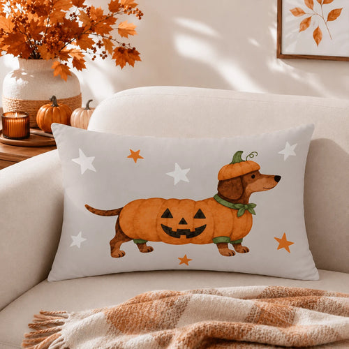 1pc Halloween Dachshund Pumpkin Print Pillow Case [Pillow Insert Not Included], 40*40cm/45*45cm/50*50cm, [Single-Sided Printing] Made Of Polyester Material, Cartoon Autumn Harvest Festival Cute Puppy