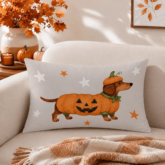 1pc Halloween Dachshund Pumpkin Print Pillow Case [Pillow Insert Not Included], 40*40cm/45*45cm/50*50cm, [Single-Sided Printing] Made Of Polyester Material, Cartoon Autumn Harvest Festival Cute Puppy