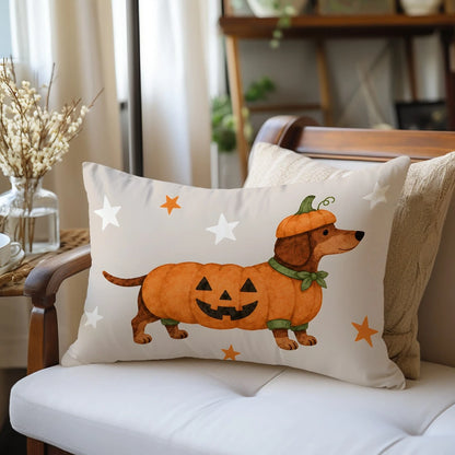 1pc Halloween Dachshund Pumpkin Print Pillow Case [Pillow Insert Not Included], 40*40cm/45*45cm/50*50cm, [Single-Sided Printing] Made Of Polyester Material, Cartoon Autumn Harvest Festival Cute Puppy