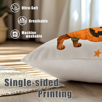1pc Halloween Dachshund Pumpkin Print Pillow Case [Pillow Insert Not Included], 40*40cm/45*45cm/50*50cm, [Single-Sided Printing] Made Of Polyester Material, Cartoon Autumn Harvest Festival Cute Puppy