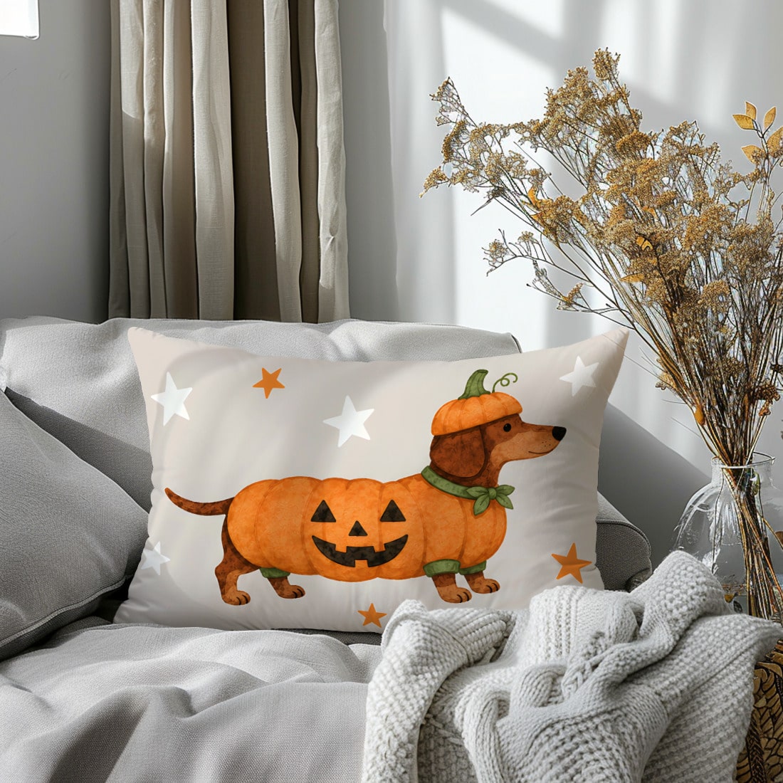 1pc Halloween Dachshund Pumpkin Print Pillow Case [Pillow Insert Not Included], 40*40cm/45*45cm/50*50cm, [Single-Sided Printing] Made Of Polyester Material, Cartoon Autumn Harvest Festival Cute Puppy