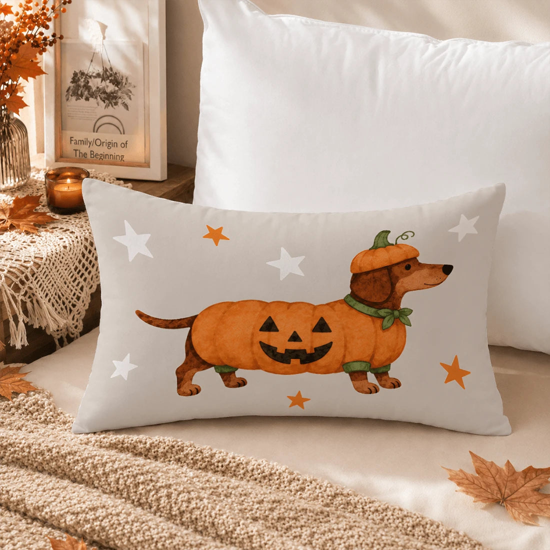1pc Halloween Dachshund Pumpkin Print Pillow Case [Pillow Insert Not Included], 40*40cm/45*45cm/50*50cm, [Single-Sided Printing] Made Of Polyester Material, Cartoon Autumn Harvest Festival Cute Puppy