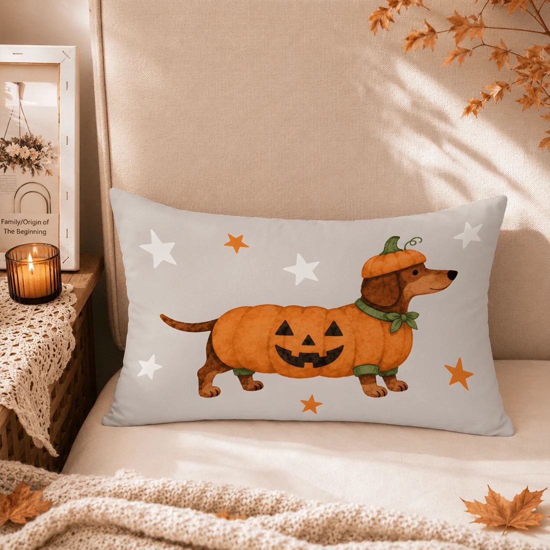 1pc Halloween Dachshund Pumpkin Print Pillow Case [Pillow Insert Not Included], 40*40cm/45*45cm/50*50cm, [Single-Sided Printing] Made Of Polyester Material, Cartoon Autumn Harvest Festival Cute Puppy
