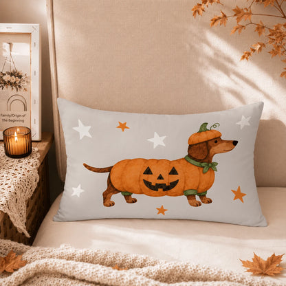 1pc Halloween Dachshund Pumpkin Print Pillow Case [Pillow Insert Not Included], 40*40cm/45*45cm/50*50cm, [Single-Sided Printing] Made Of Polyester Material, Cartoon Autumn Harvest Festival Cute Puppy