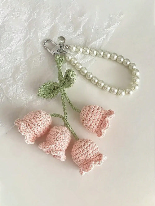 1pc Handmade Crochet Lily Of The Valley Keychain With Pearl Chain, Boho Style Bag Charm, Decorative Pendant For Backpacks Or Bags, Unique Birthday Gift Or Party Favor, 22cm (8.66 Inches) Length, Flora