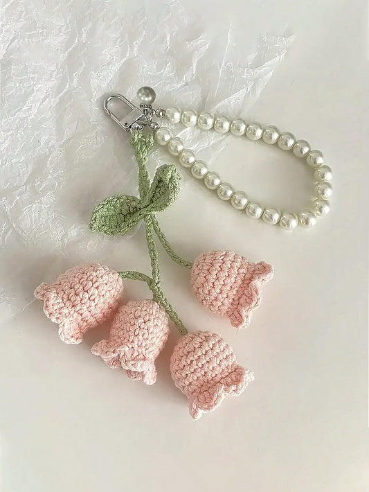 1pc Handmade Crochet Lily Of The Valley Keychain With Pearl Chain, Boho Style Bag Charm, Decorative Pendant For Backpacks Or Bags, Unique Birthday Gift Or Party Favor, 22cm (8.66 Inches) Length, Flora