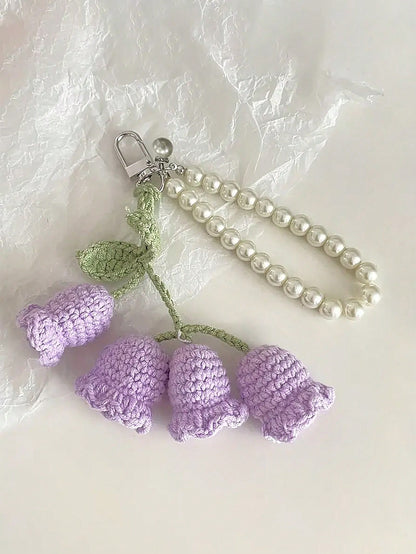 1pc Handmade Crochet Lily Of The Valley Keychain With Pearl Chain, Boho Style Bag Charm, Decorative Pendant For Backpacks Or Bags, Unique Birthday Gift Or Party Favor, 22cm (8.66 Inches) Length, Flora
