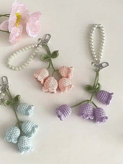 1pc Handmade Crochet Lily Of The Valley Keychain With Pearl Chain, Boho Style Bag Charm, Decorative Pendant For Backpacks Or Bags, Unique Birthday Gift Or Party Favor, 22cm (8.66 Inches) Length, Flora