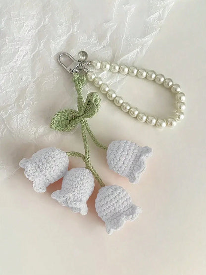 1pc Handmade Crochet Lily Of The Valley Keychain With Pearl Chain, Boho Style Bag Charm, Decorative Pendant For Backpacks Or Bags, Unique Birthday Gift Or Party Favor, 22cm (8.66 Inches) Length, Flora