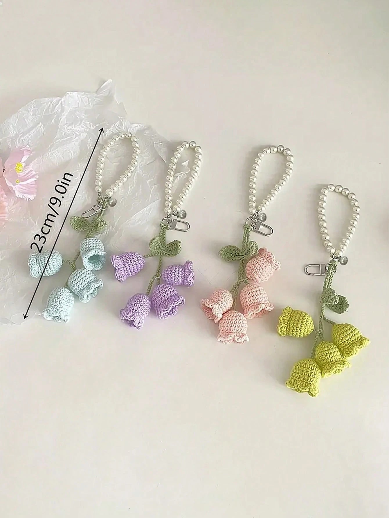 1pc Handmade Crochet Lily Of The Valley Keychain With Pearl Chain, Boho Style Bag Charm, Decorative Pendant For Backpacks Or Bags, Unique Birthday Gift Or Party Favor, 22cm (8.66 Inches) Length, Flora