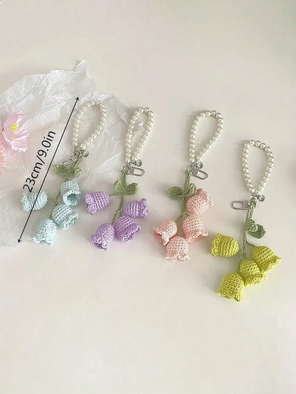 1pc Handmade Crochet Lily Of The Valley Keychain With Pearl Chain, Boho Style Bag Charm, Decorative Pendant For Backpacks Or Bags, Unique Birthday Gift Or Party Favor, 22cm (8.66 Inches) Length, Flora