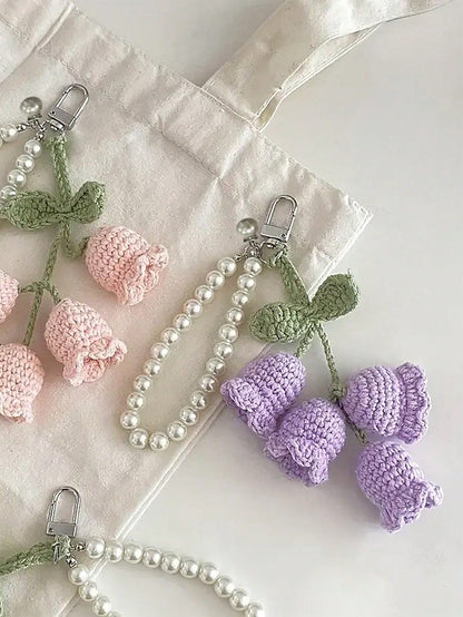 1pc Handmade Crochet Lily Of The Valley Keychain With Pearl Chain, Boho Style Bag Charm, Decorative Pendant For Backpacks Or Bags, Unique Birthday Gift Or Party Favor, 22cm (8.66 Inches) Length, Flora