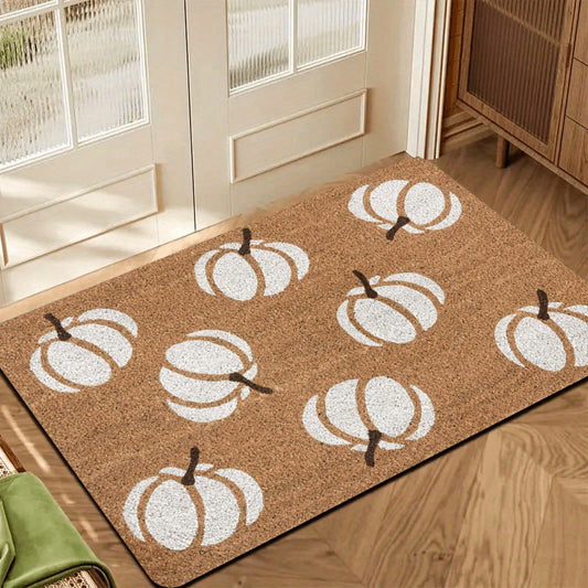 1pc Heavy-Duty Pumpkin Doormat- Beige & Brown Non-Slip Indoor/Outdoor Mat With White Speckled Pumpkin Design, Washable Polyester Mat For Entryway, Patio, Bathroom, Kitchen, Pet-Friendly Fall Home Dec
