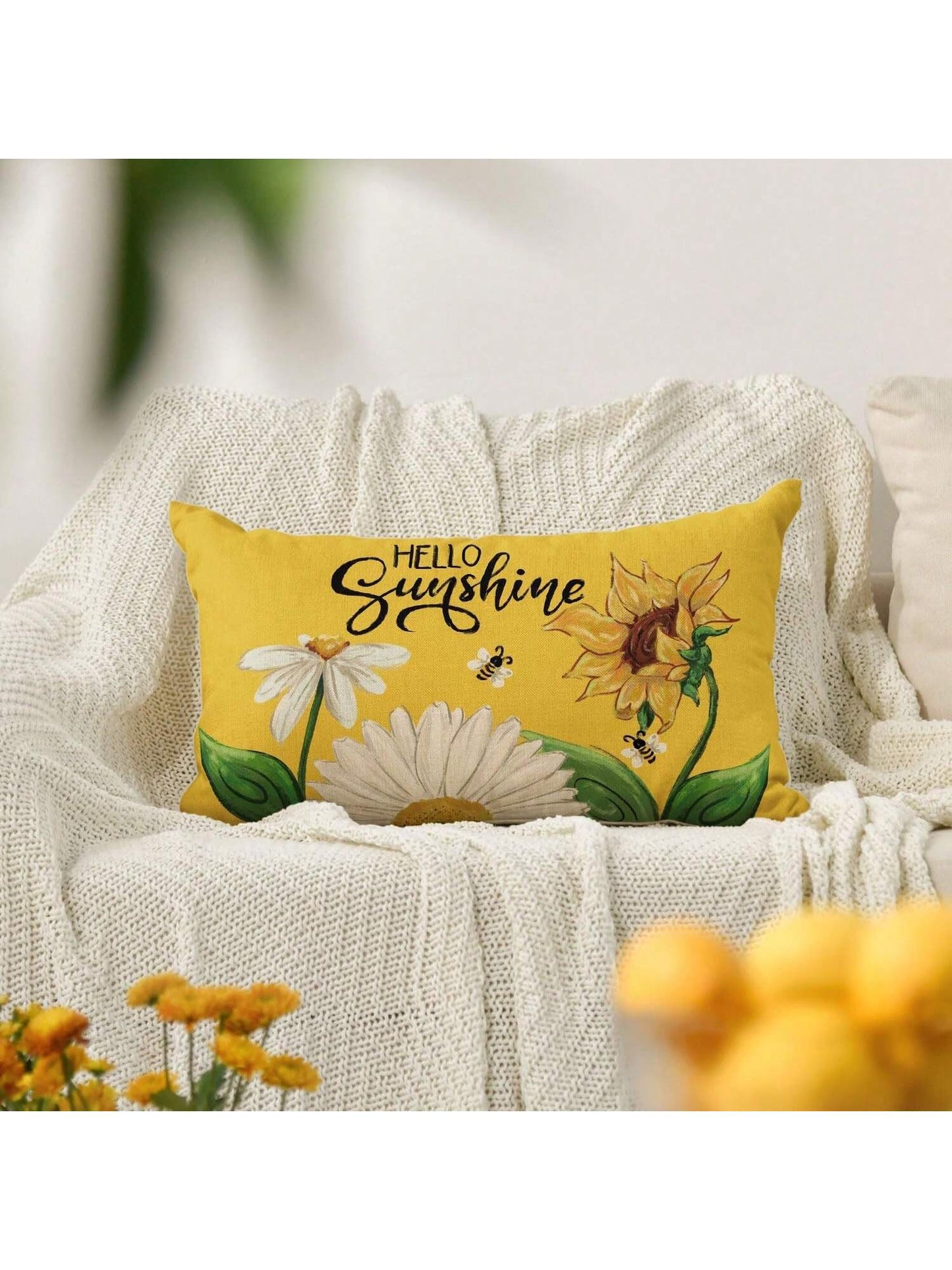 1pc Hello Sunshine Daisy Sunflower Bee Throw Pillowcase Summer Party Holiday Yellow Sofa Cushion Cover Trim Single Side, No Pillow Core