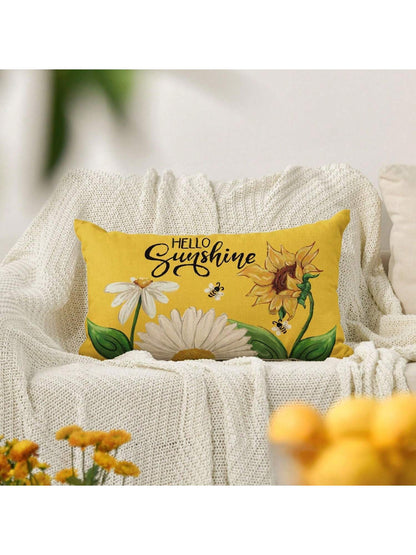 1pc Hello Sunshine Daisy Sunflower Bee Throw Pillowcase Summer Party Holiday Yellow Sofa Cushion Cover Trim Single Side, No Pillow Core