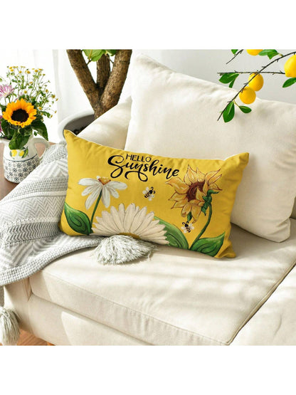 1pc Hello Sunshine Daisy Sunflower Bee Throw Pillowcase Summer Party Holiday Yellow Sofa Cushion Cover Trim Single Side, No Pillow Core