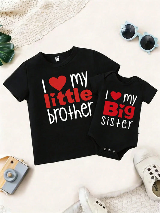 1PC I Love Big Sister Baby Bodysuit, Summer Black Soft Cotton Casual Short Sleeve Infant Romper, Adorable Sibling Matching Outfit For Baby Boys, Perfect For Baby Shower Gifts