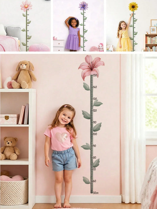 1PC Kids Growth Chart Wall Sticker, Pink Lily Flower Height Ruler, Botanical Measurement Decals, Removable Wall Art For Girls Bedroom Home Decor