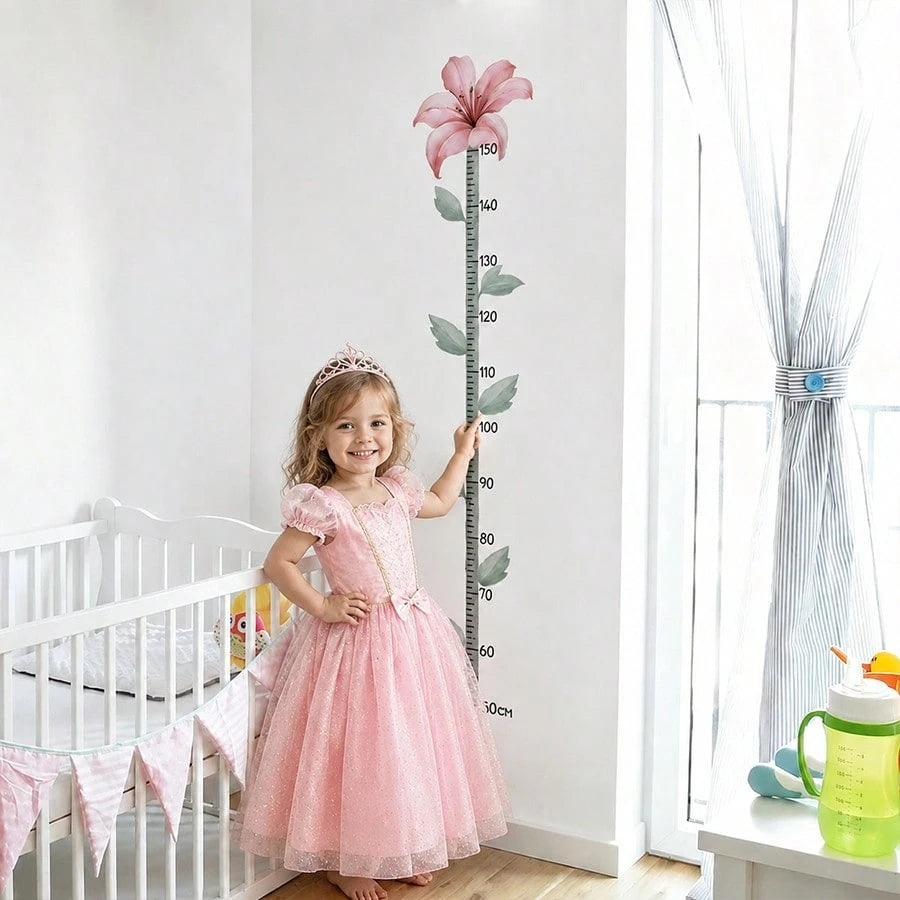 1PC Kids Growth Chart Wall Sticker, Pink Lily Flower Height Ruler, Botanical Measurement Decals, Removable Wall Art For Girls Bedroom Home Decor
