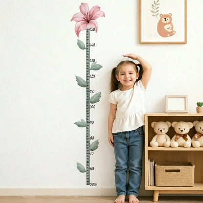 1PC Kids Growth Chart Wall Sticker, Pink Lily Flower Height Ruler, Botanical Measurement Decals, Removable Wall Art For Girls Bedroom Home Decor