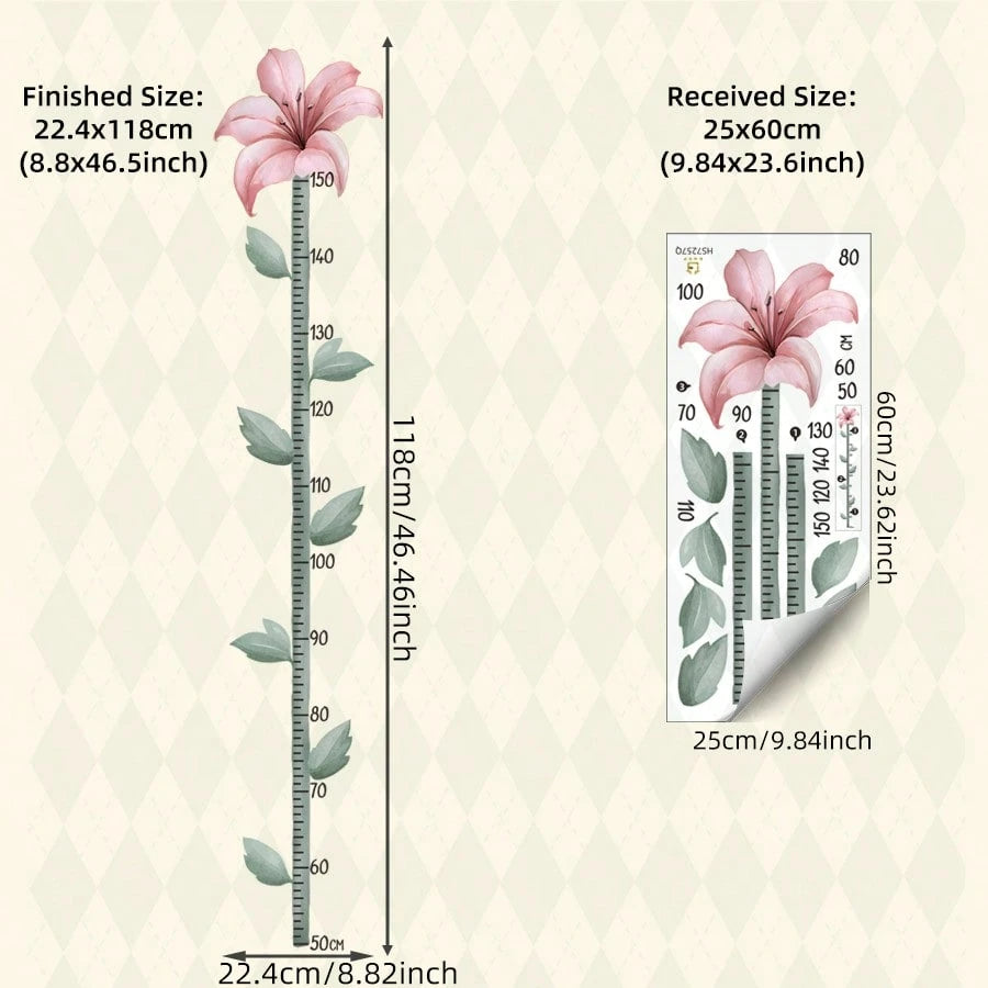 1PC Kids Growth Chart Wall Sticker, Pink Lily Flower Height Ruler, Botanical Measurement Decals, Removable Wall Art For Girls Bedroom Home Decor