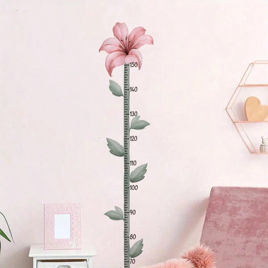 1PC Kids Growth Chart Wall Sticker, Pink Lily Flower Height Ruler, Botanical Measurement Decals, Removable Wall Art For Girls Bedroom Home Decor