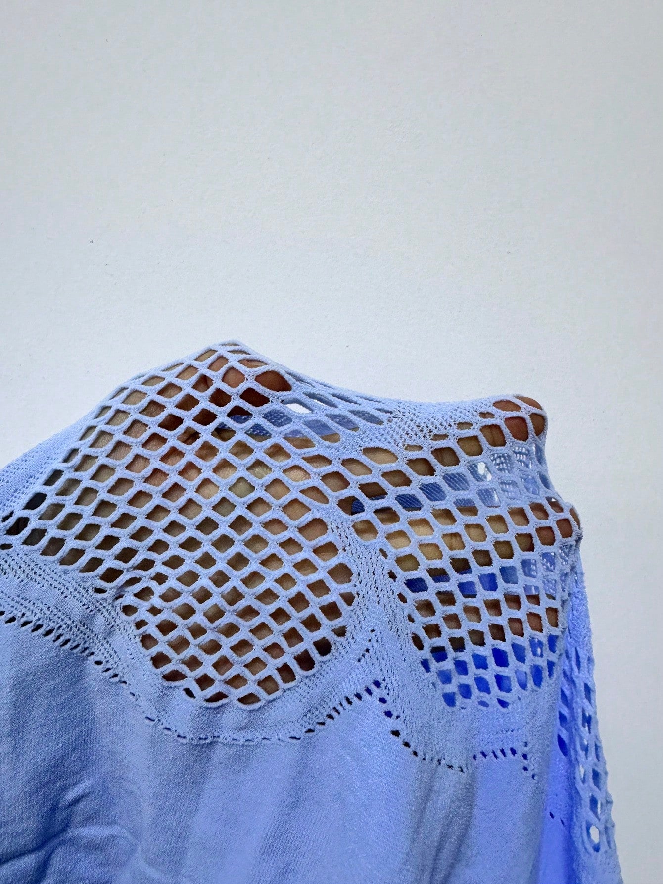 1pc Light Blue Heart Hollow Fishnet Sheer Long Sleeve Tight Bodycon Romper, Sexy Slim Fit Bodycon Jumpsuit