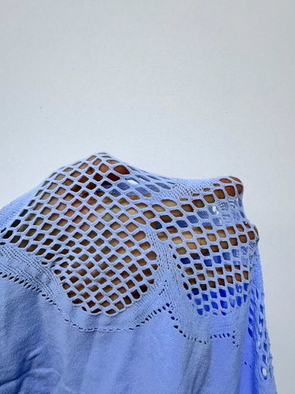 1pc Light Blue Heart Hollow Fishnet Sheer Long Sleeve Tight Bodycon Romper, Sexy Slim Fit Bodycon Jumpsuit