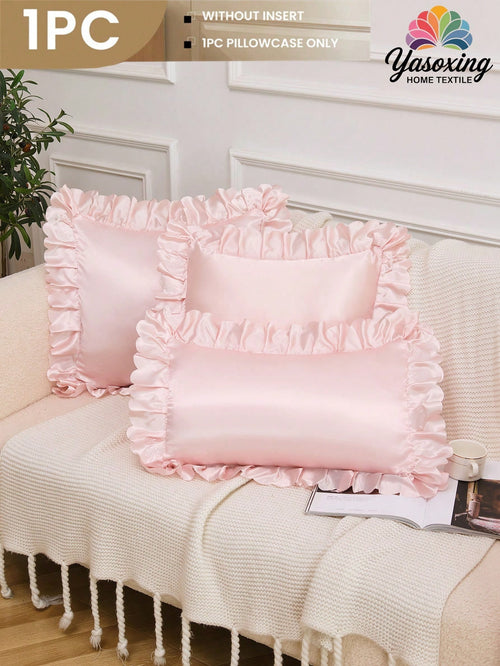 1pc Light Pink Satin Lace Ruffle Trim Decor Decorative Cushion Cover Without Filler, Luxurious And Silky Smooth Modern Throw Pillow Cover For Home, For Sofa, Living Room Home Decor Bedding Sofa Throw