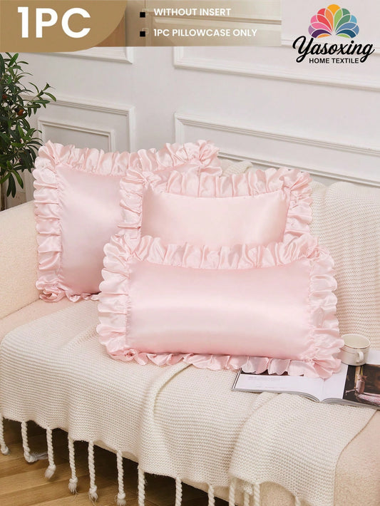 1pc Light Pink Satin Lace Ruffle Trim Decor Decorative Cushion Cover Without Filler, Luxurious And Silky Smooth Modern Throw Pillow Cover For Home, For Sofa, Living Room Home Decor Bedding Sofa Throw