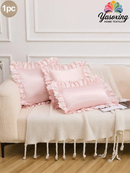 1pc Light Pink Satin Lace Ruffle Trim Decor Decorative Cushion Cover Without Filler, Luxurious And Silky Smooth Modern Throw Pillow Cover For Home, For Sofa, Living Room Home Decor Bedding Sofa Throw