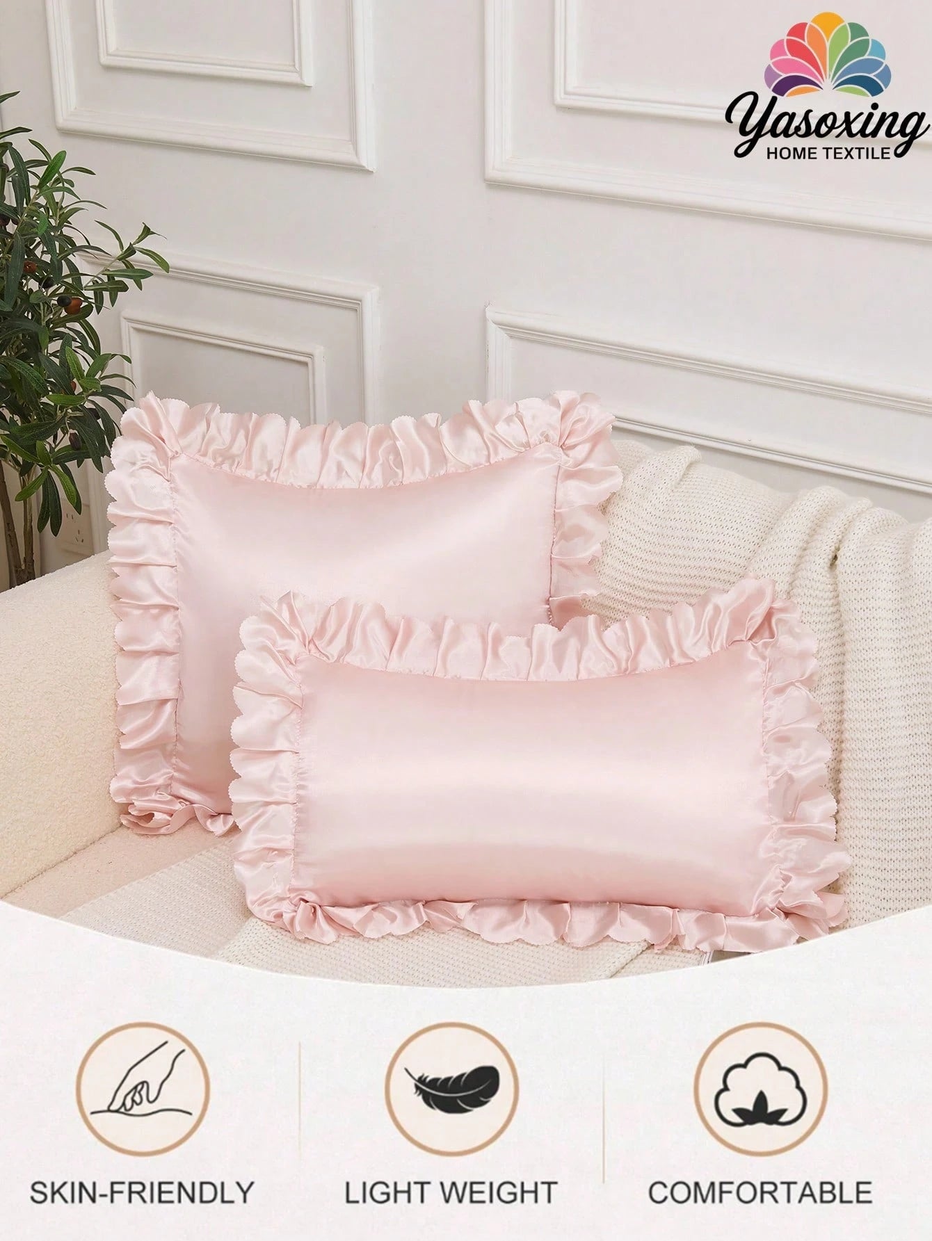 1pc Light Pink Satin Lace Ruffle Trim Decor Decorative Cushion Cover Without Filler, Luxurious And Silky Smooth Modern Throw Pillow Cover For Home, For Sofa, Living Room Home Decor Bedding Sofa Throw