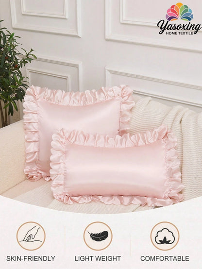 1pc Light Pink Satin Lace Ruffle Trim Decor Decorative Cushion Cover Without Filler, Luxurious And Silky Smooth Modern Throw Pillow Cover For Home, For Sofa, Living Room Home Decor Bedding Sofa Throw
