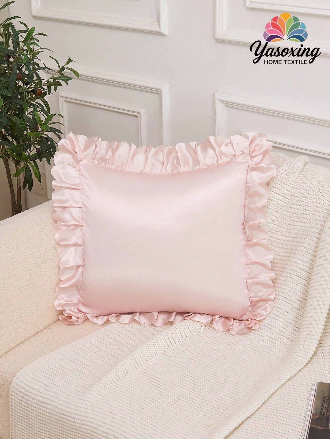 1pc Light Pink Satin Lace Ruffle Trim Decor Decorative Cushion Cover Without Filler, Luxurious And Silky Smooth Modern Throw Pillow Cover For Home, For Sofa, Living Room Home Decor Bedding Sofa Throw