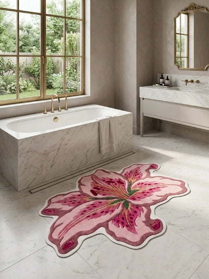 1pc Lily Shaped Velvet Carpet, Soft Plush, Room Decor, Home Supplies, Indoor Doormat, Living Room Rug, Kitchen Mat, Bedroom Carpet, Bathroom Mat, Home Decoration, Bedroom Decor, Bathroom Decor, Wear-R