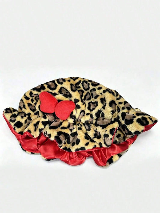 1pc Luxury Leopard Print Pink Teddy Fleece Sleep Cap, Adjustable Satin Lining Anti-Frizz Hat, Comfortable Stretch, Suitable For Natural Curly Hair