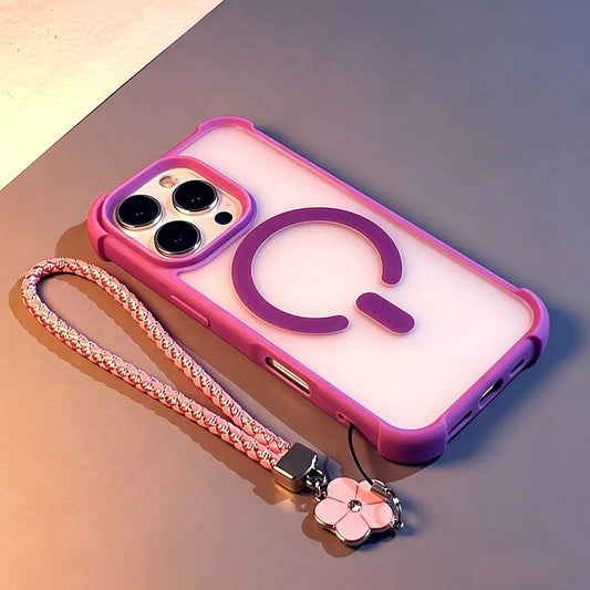 1pc Luxury Purple Transparent Magnetic Wireless Charging Phone Case With 4-Corner Anti-Drop Protection, New Minimalist Creative Couple Style, With Clover Lanyard, Compatible With IPhone 17 17Pro 17 Pr