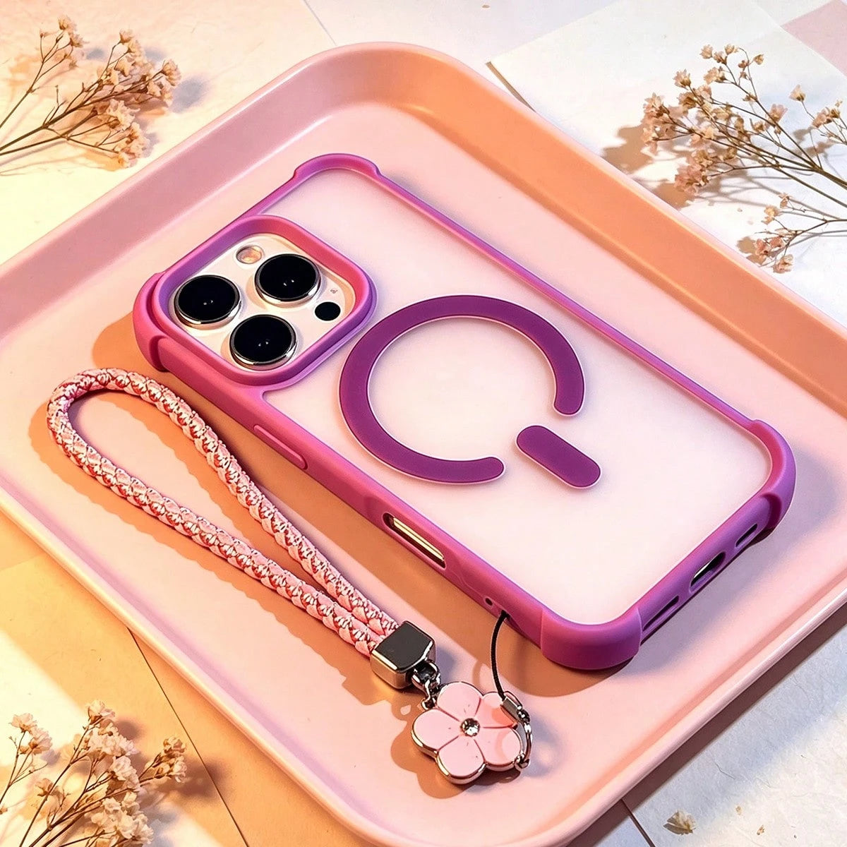 1pc Luxury Purple Transparent Magnetic Wireless Charging Phone Case With 4-Corner Anti-Drop Protection, New Minimalist Creative Couple Style, With Clover Lanyard, Compatible With IPhone 17 17Pro 17 Pr