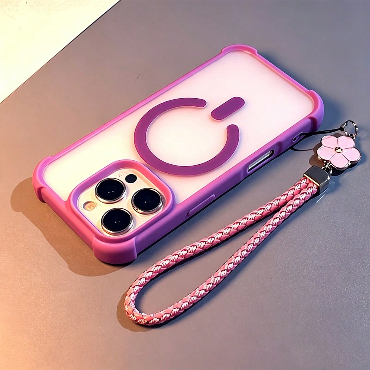 1pc Luxury Purple Transparent Magnetic Wireless Charging Phone Case With 4-Corner Anti-Drop Protection, New Minimalist Creative Couple Style, With Clover Lanyard, Compatible With IPhone 17 17Pro 17 Pr