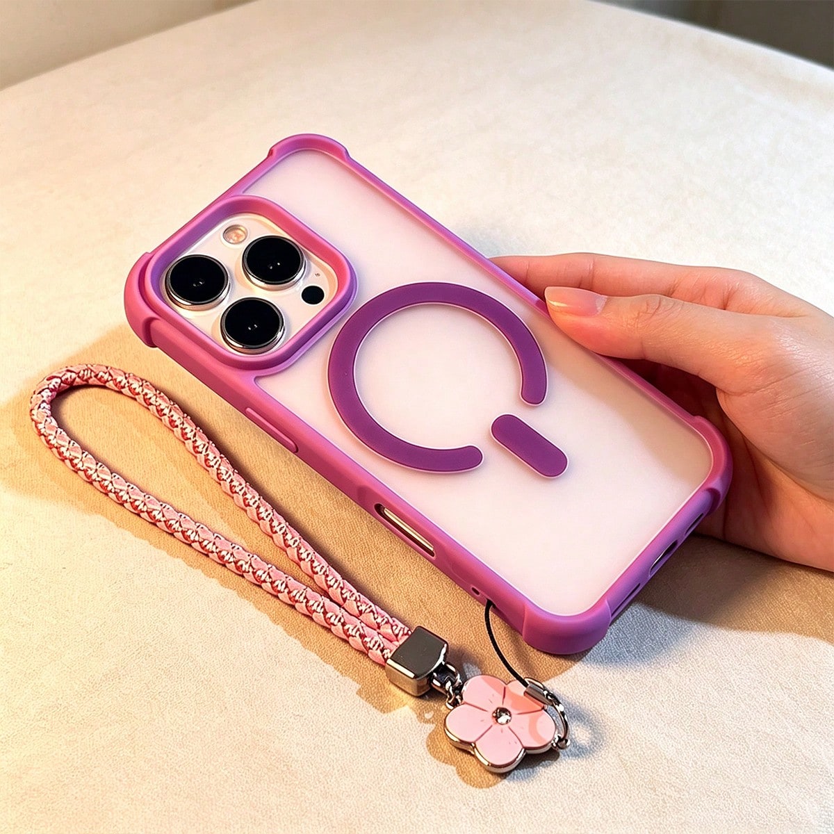 1pc Luxury Purple Transparent Magnetic Wireless Charging Phone Case With 4-Corner Anti-Drop Protection, New Minimalist Creative Couple Style, With Clover Lanyard, Compatible With IPhone 17 17Pro 17 Pr