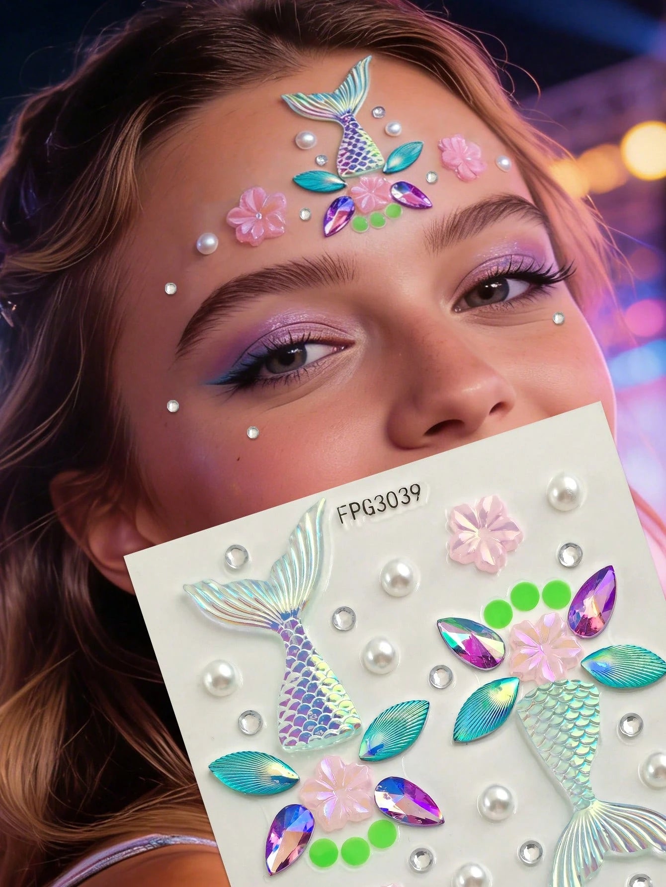 1pc Mermaid Tail Holographic Face Jewel Sticker, Laser Fish Scale Pearl Sakura Design, Waterproof Long-Lasting Bindi, Decor For Beach Vacation/Music Festival Makeup, Dreamy Mermaid Style Face Gems,Con