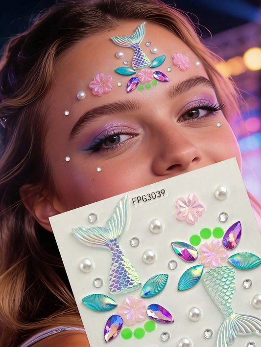 1pc Mermaid Tail Holographic Face Jewel Sticker, Laser Fish Scale Pearl Sakura Design, Waterproof Long-Lasting Bindi, Decor For Beach Vacation/Music Festival Makeup, Dreamy Mermaid Style Face Gems,Con