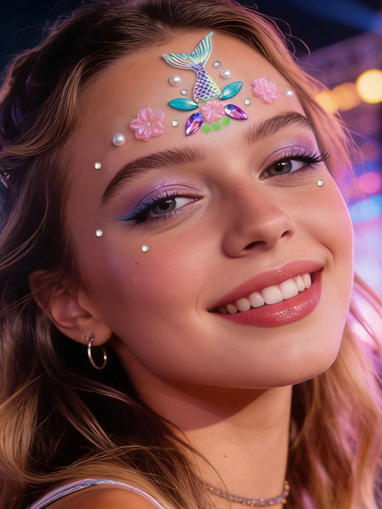 1pc Mermaid Tail Holographic Face Jewel Sticker, Laser Fish Scale Pearl Sakura Design, Waterproof Long-Lasting Bindi, Decor For Beach Vacation/Music Festival Makeup, Dreamy Mermaid Style Face Gems,Con