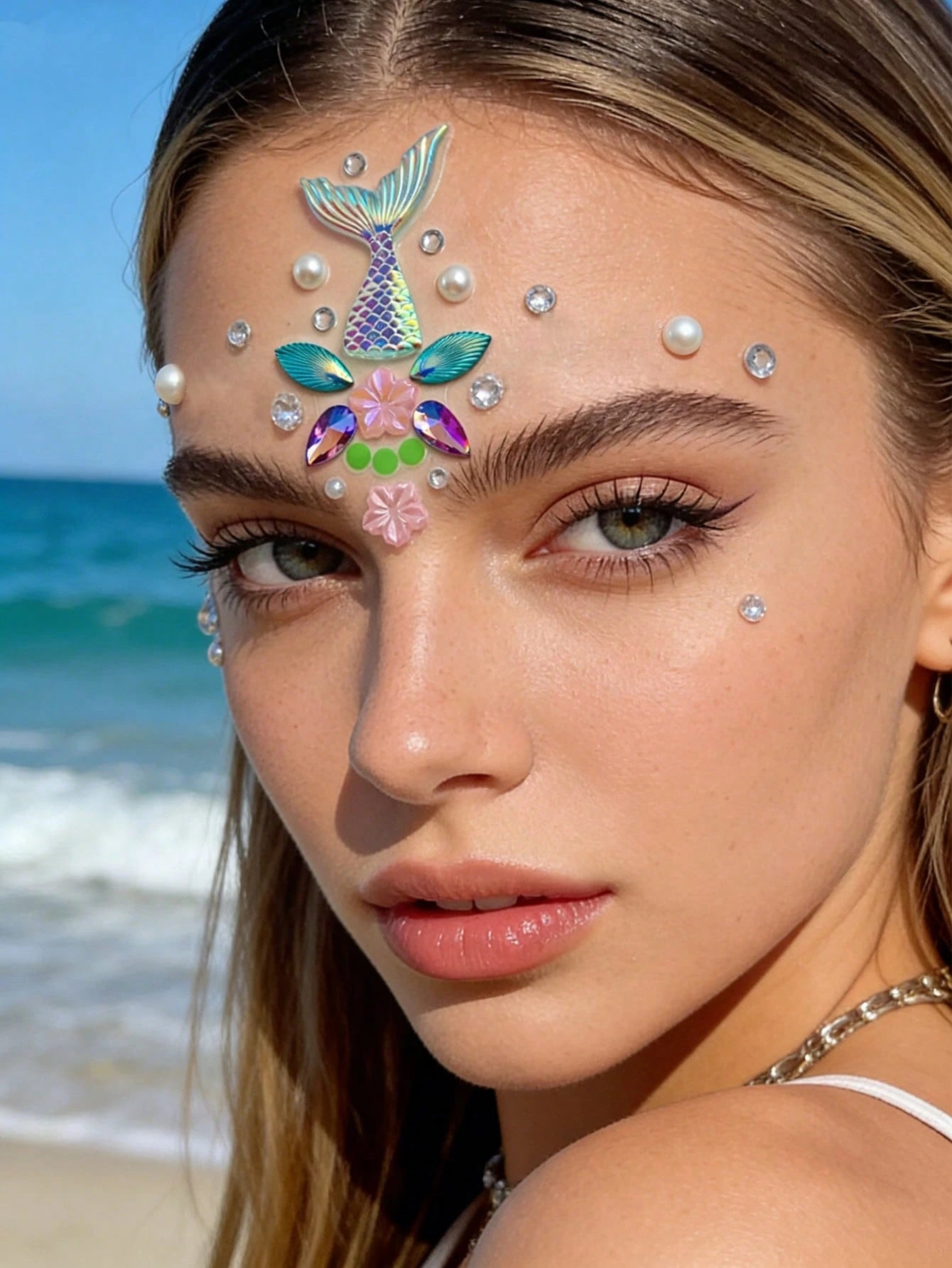 1pc Mermaid Tail Holographic Face Jewel Sticker, Laser Fish Scale Pearl Sakura Design, Waterproof Long-Lasting Bindi, Decor For Beach Vacation/Music Festival Makeup, Dreamy Mermaid Style Face Gems,Con
