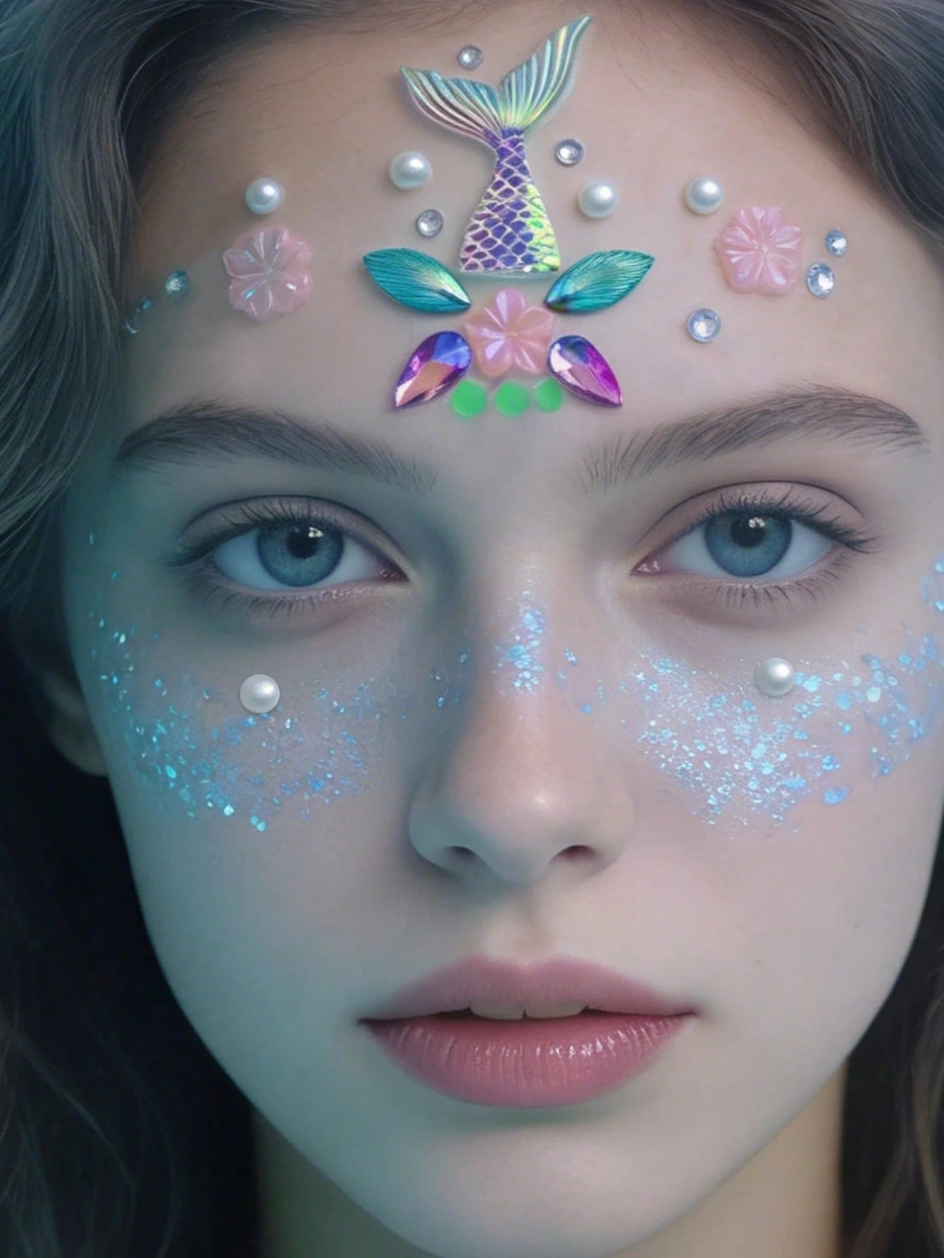 1pc Mermaid Tail Holographic Face Jewel Sticker, Laser Fish Scale Pearl Sakura Design, Waterproof Long-Lasting Bindi, Decor For Beach Vacation/Music Festival Makeup, Dreamy Mermaid Style Face Gems,Con