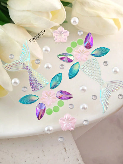 1pc Mermaid Tail Holographic Face Jewel Sticker, Laser Fish Scale Pearl Sakura Design, Waterproof Long-Lasting Bindi, Decor For Beach Vacation/Music Festival Makeup, Dreamy Mermaid Style Face Gems,Con