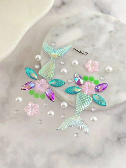 1pc Mermaid Tail Holographic Face Jewel Sticker, Laser Fish Scale Pearl Sakura Design, Waterproof Long-Lasting Bindi, Decor For Beach Vacation/Music Festival Makeup, Dreamy Mermaid Style Face Gems,Con