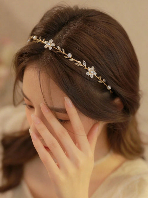 1pc Minimalist Alloy Headband, Decorated With Faux Pearl, Flowers And Rhinestones, Suitable For Women, Gold Hair Accessory, Bridal Decor, Headband, Hair Hoop