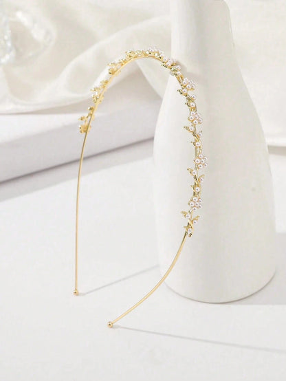 1pc Minimalist Alloy Headband, Decorated With Faux Pearl, Flowers And Rhinestones, Suitable For Women, Gold Hair Accessory, Bridal Decor, Headband, Hair Hoop