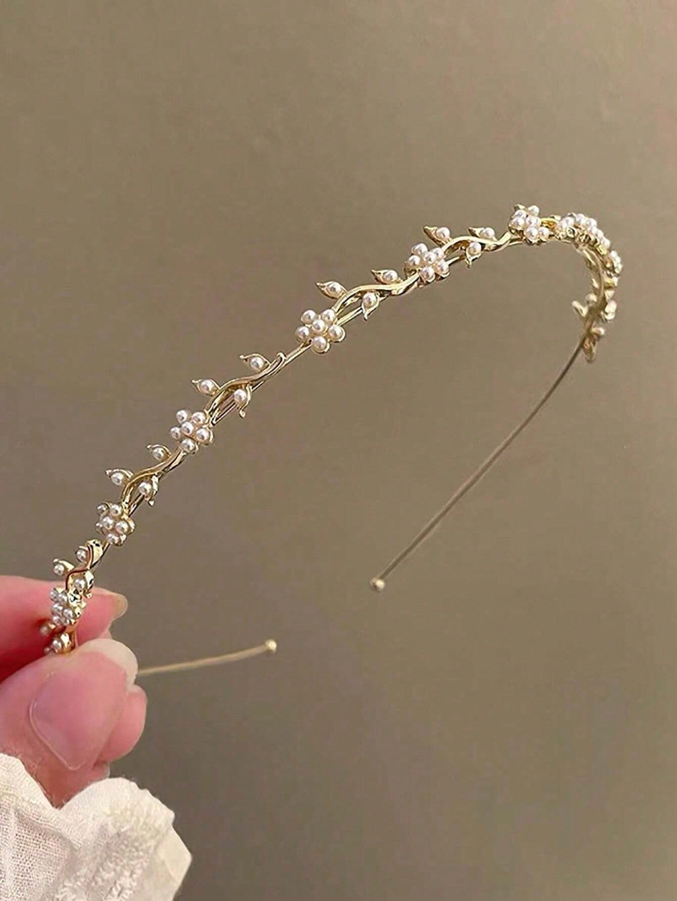 1pc Minimalist Alloy Headband, Decorated With Faux Pearl, Flowers And Rhinestones, Suitable For Women, Gold Hair Accessory, Bridal Decor, Headband, Hair Hoop